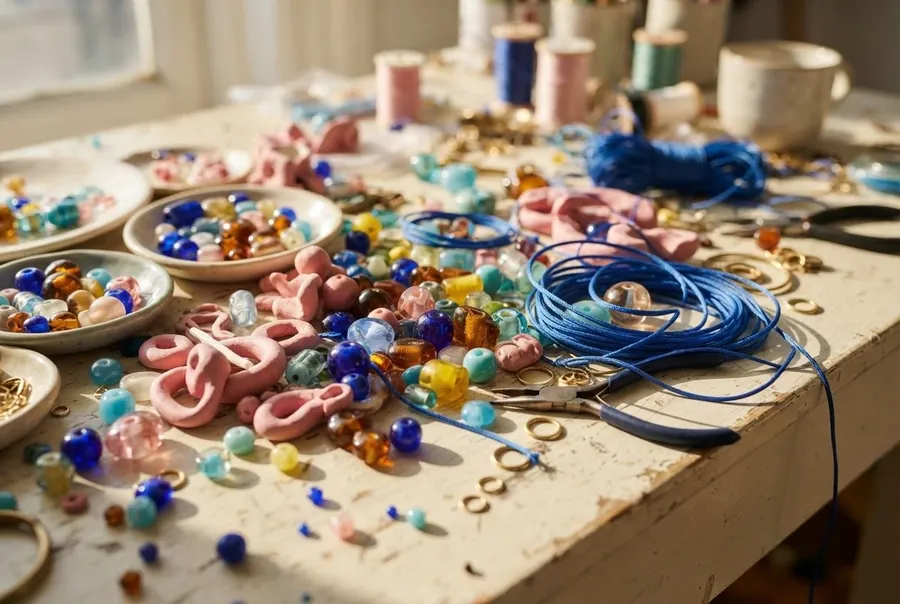 Beads and handmade jewellery on a workbench