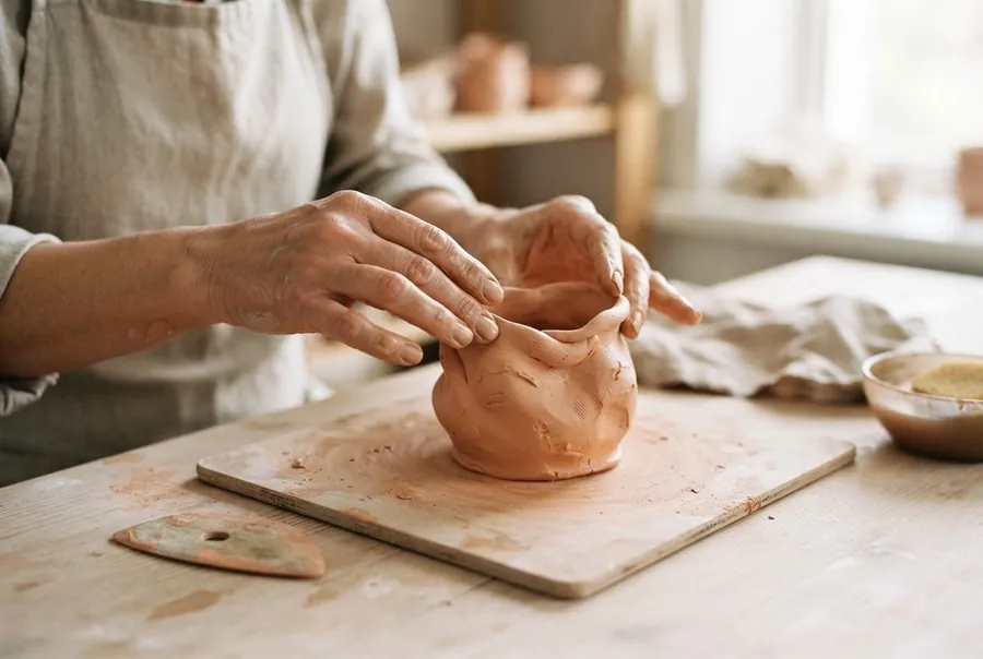 Hands shaping a clay pot