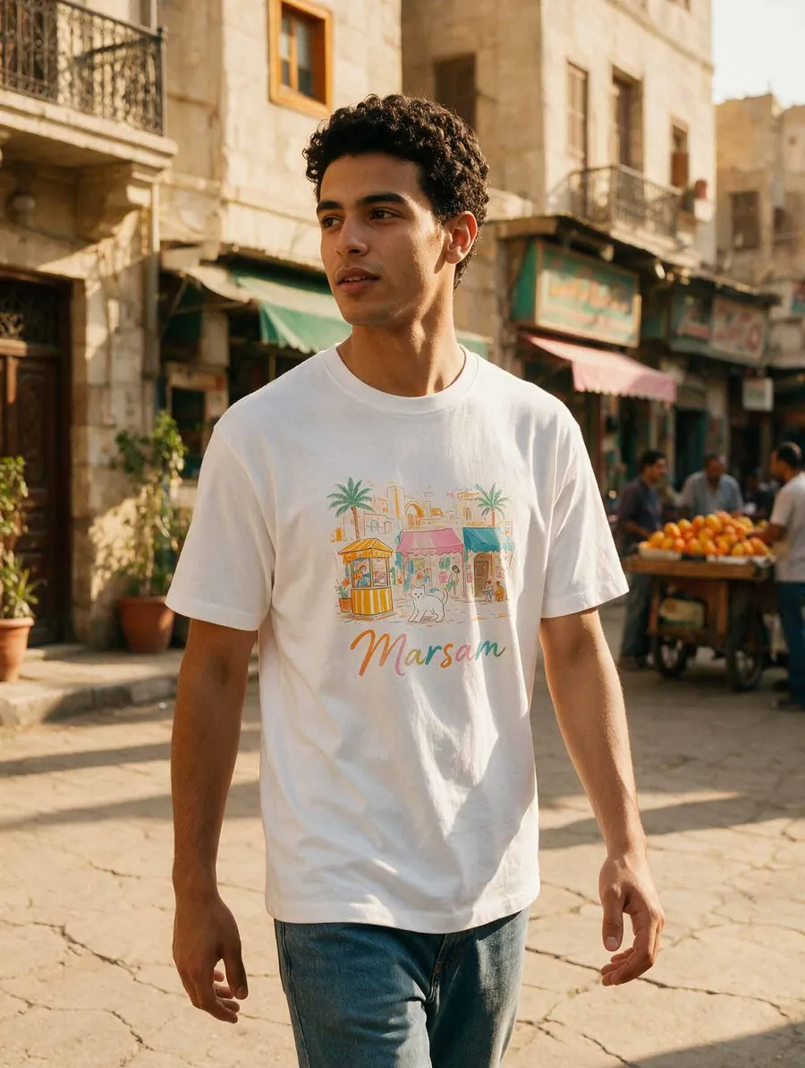 A person wearing a T-shirt printed with an artist's design