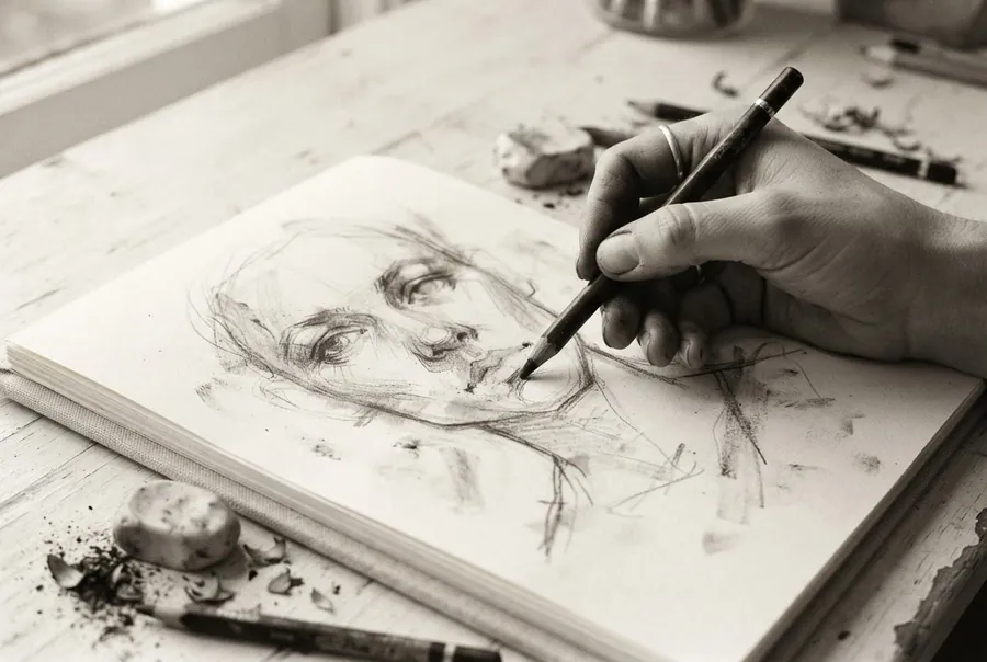 A pencil portrait being drawn