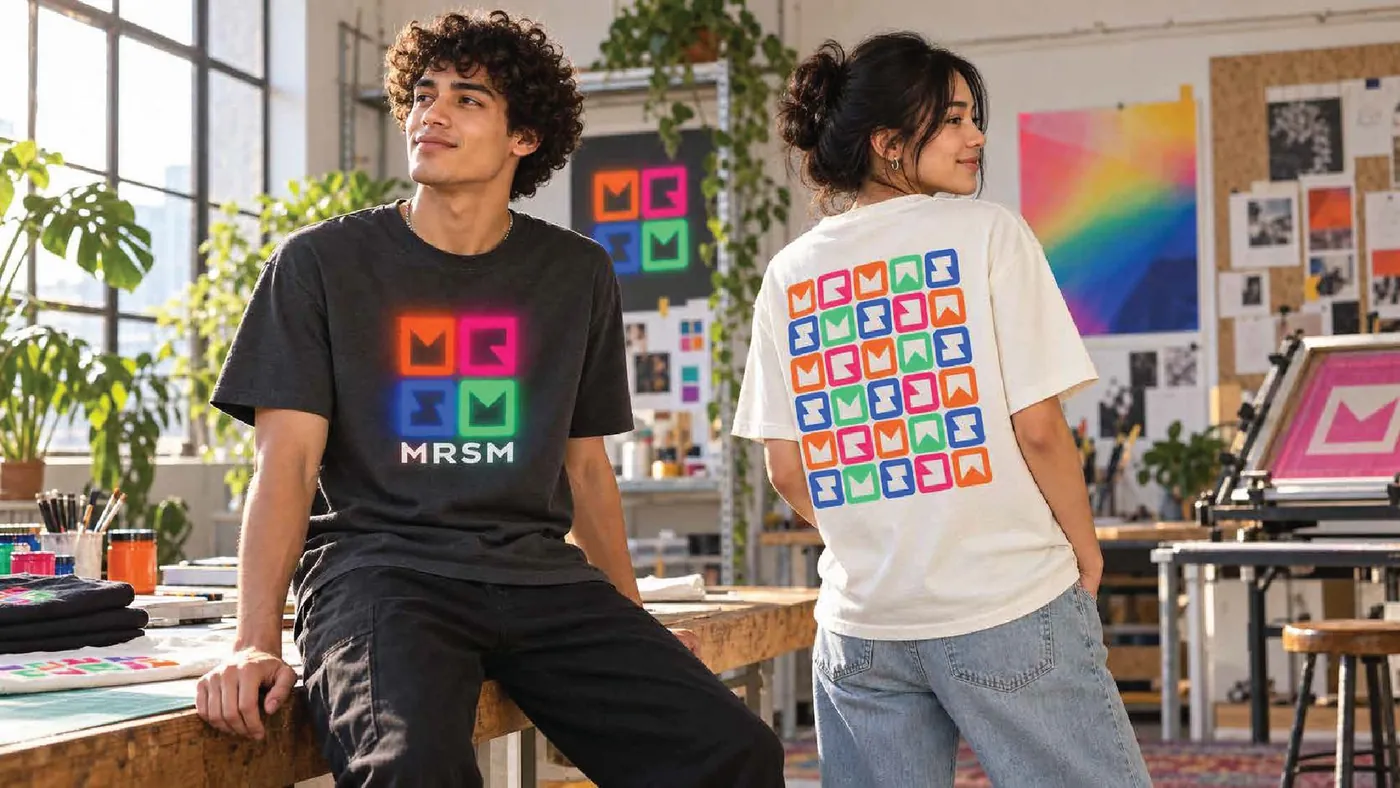 Two people in a studio wearing T-shirts printed with MRSM designs